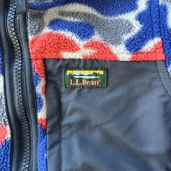 L.L.Bean Kids Medium 5-6 Hooded Fleece Jacket Retro Camo Red Blue Gray Zip - Picture 3 of 8